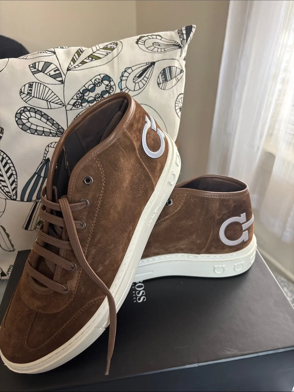 Salvatore Ferragamo Brown Suede High-Top Sneakers with White Sole